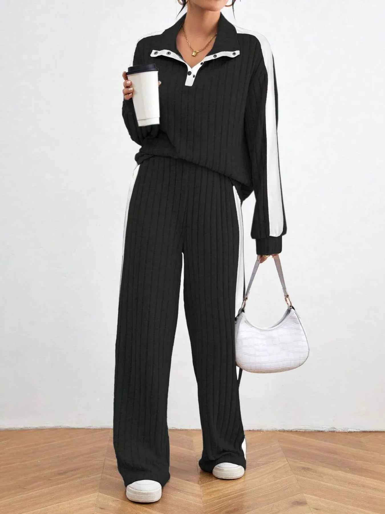 Ribbed Long Sleeve Top and Pants Set Black 70ac9af3515545f78af9f00f2d94bf41-Max-Origin