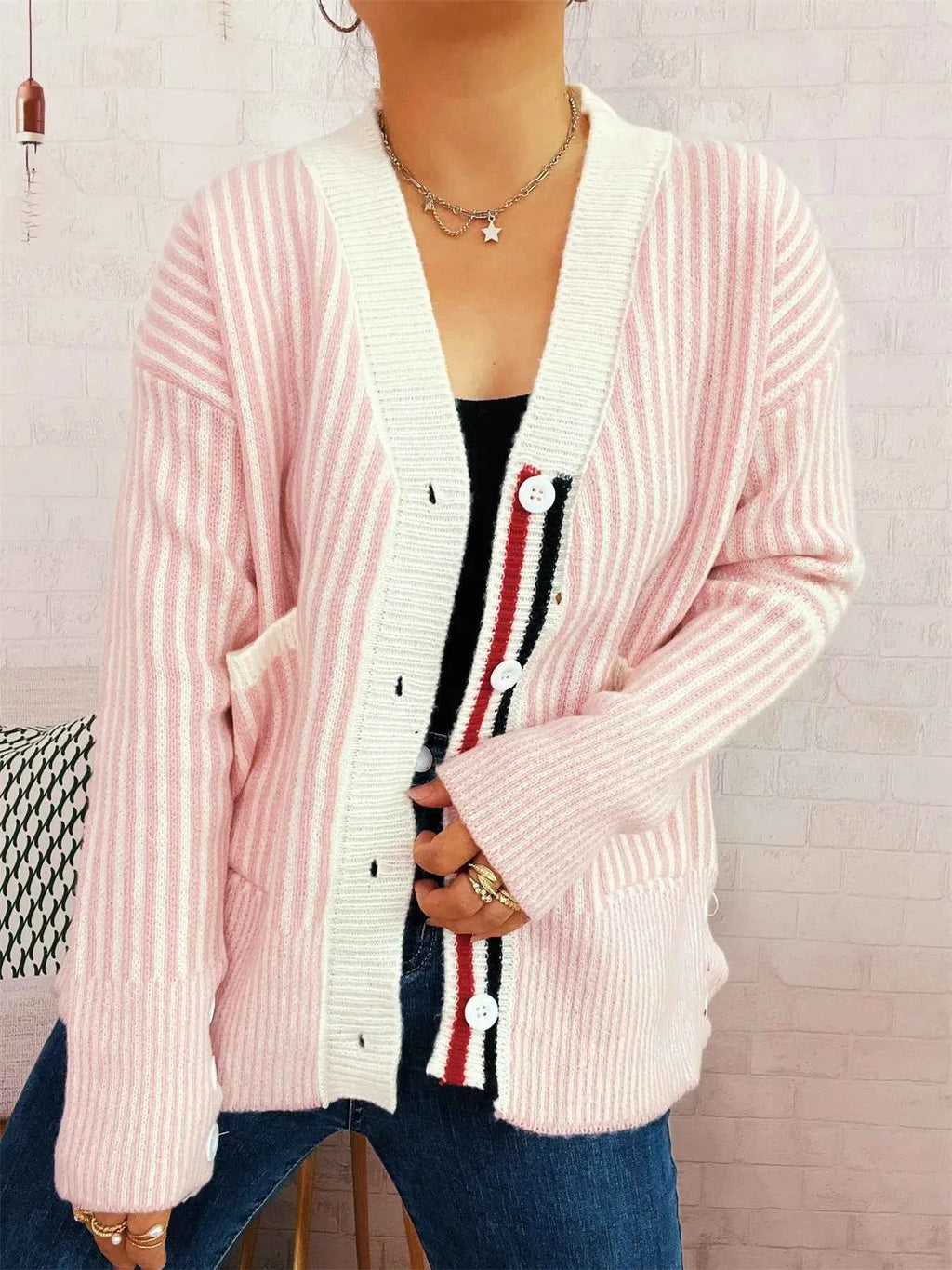 Striped Button-Front Cardigan with Contrast Trim 70adcb8f79f342a8820b9914d17805c9-Max-Origin