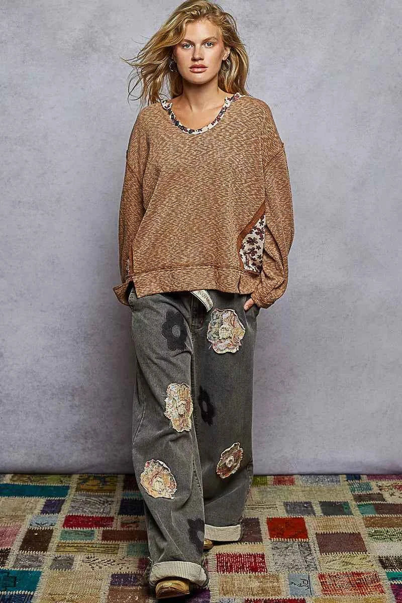 POL Balloon Sleeve Oversized Ribbed Top with Floral Pattern Contrast 70af37c0-1c2e-444d-b911-6e56f2b8c802-Max-Origin