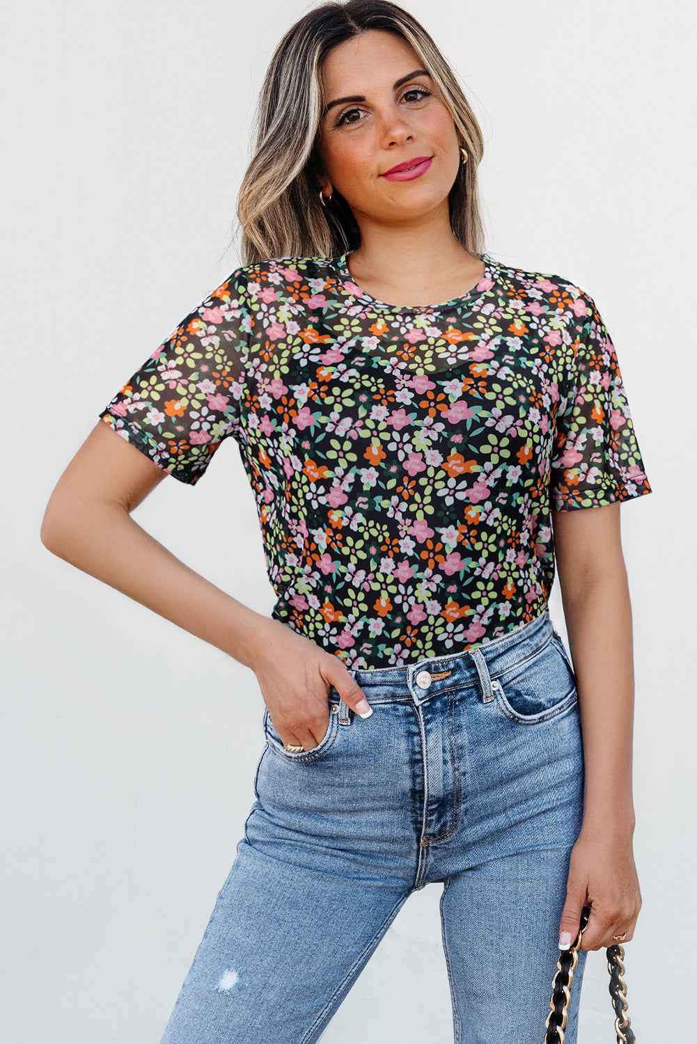 Black Sheer Mesh Floral Round Neck T Shirt with Camisole 70b6bcd76f1f3c0b