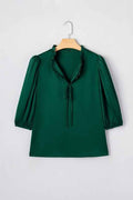 Solid Frilled Bow Tie V-Neck 3/4 Sleeve Blouse Blackish Green 70b80f48-27ec-4067-a6fd-f54b761f2549