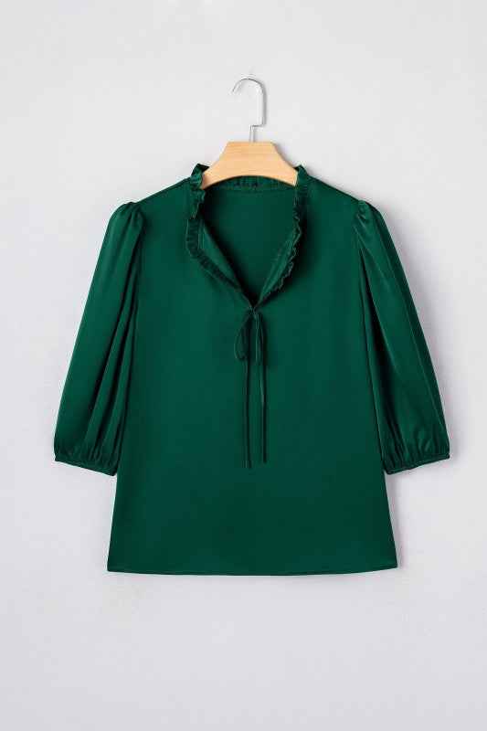 Solid Frilled Bow Tie V-Neck 3/4 Sleeve Blouse Blackish Green 70b80f48-27ec-4067-a6fd-f54b761f2549
