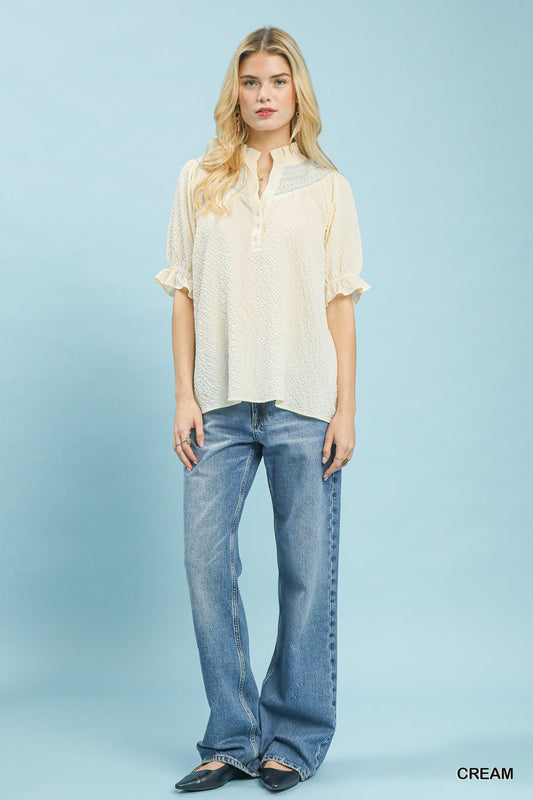 Textured Henley Blouse with Ruffle Cuffs 70b8b360-f015-45cc-8f1f-f6436fc1754f-Max