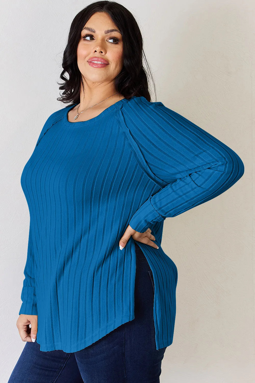 Basic Bae Full Size Ribbed Round Neck Slit T-Shirt 70b8d18d-c67b-4fb7-99cb-049934bca8a1-Max