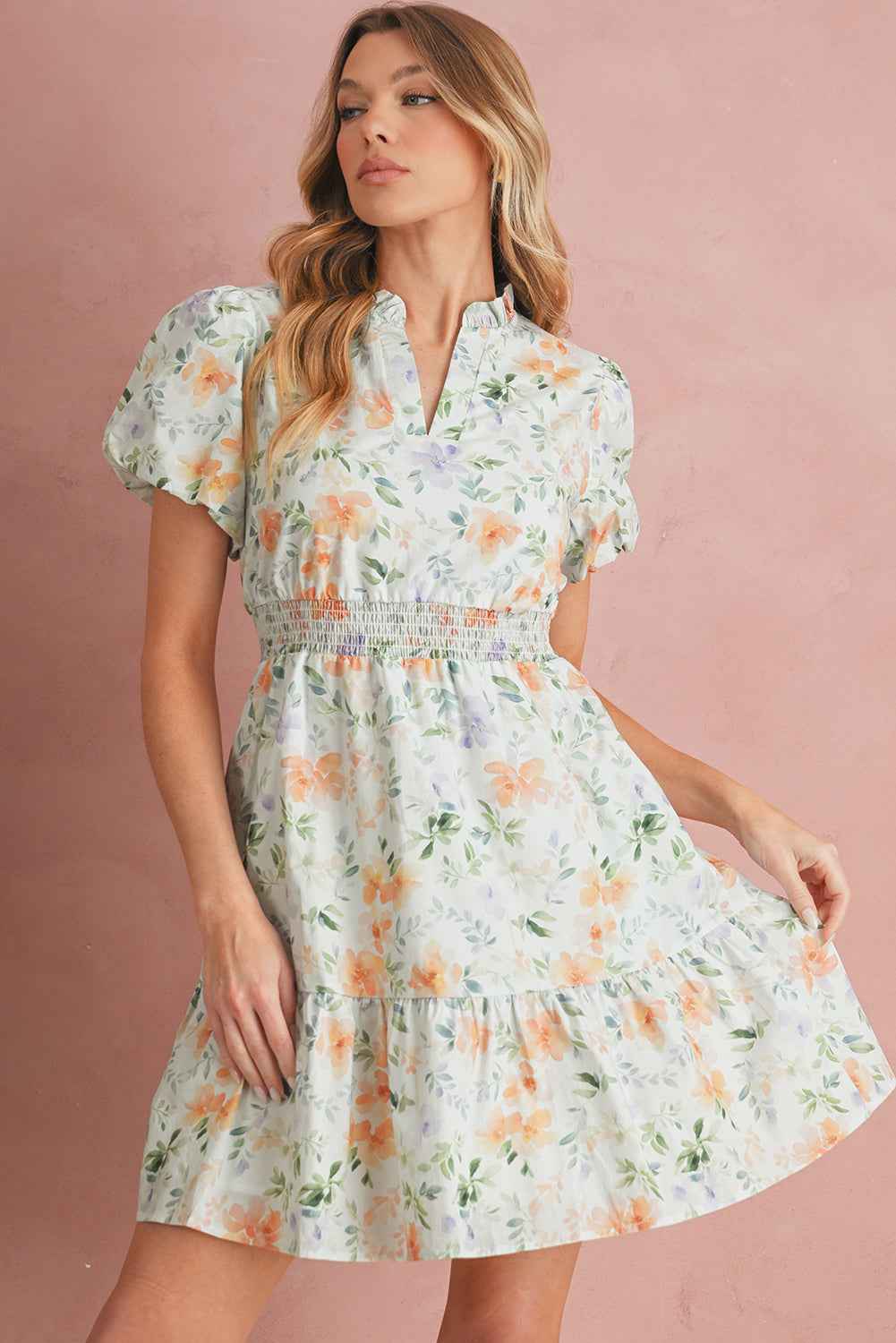 Beige Floral Print Smocked High Waist Puff Sleeve Mini Dress 70bdc3c004a26c5a