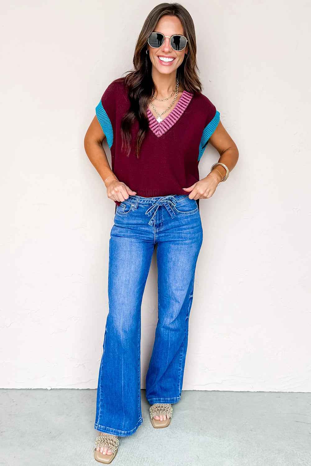 Burgundy Contrast Trim V Neck Cuffed Short Sleeve Loose Sweater 70c0376380db814e