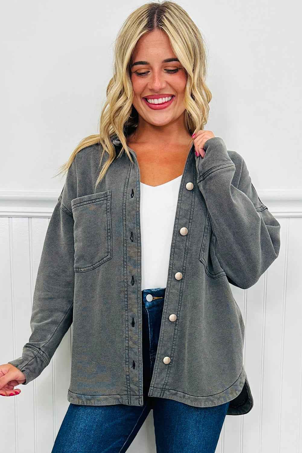 Medium Grey Mineral Wash Chest Pockets Drop Shoulder Shacket with Side Slit 70c4c0f0d7d3f188