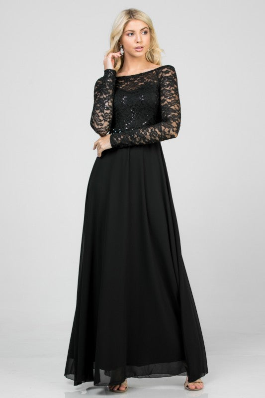 Women’s Long Sleeve Lace Evening Gown – A-Line Chiffon Maxi Dress Black 70c4c18c-b64e-4ee2-abdf-22af79c9aade