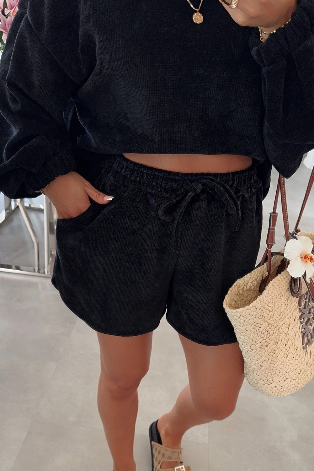 Fushia Textured Knit Drop Shoulder Pullover Drawstring Shorts Set 70cd5daa9f68f0ed