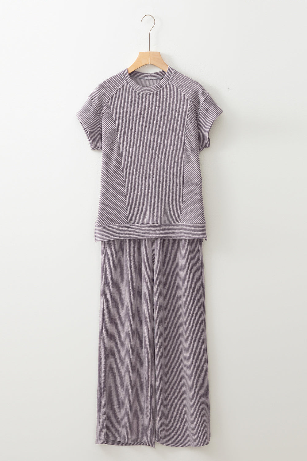 Wild Wind Solid Corded Short Sleeve T Shirt and Wide Leg Pants Set 70cef42417eee7bb