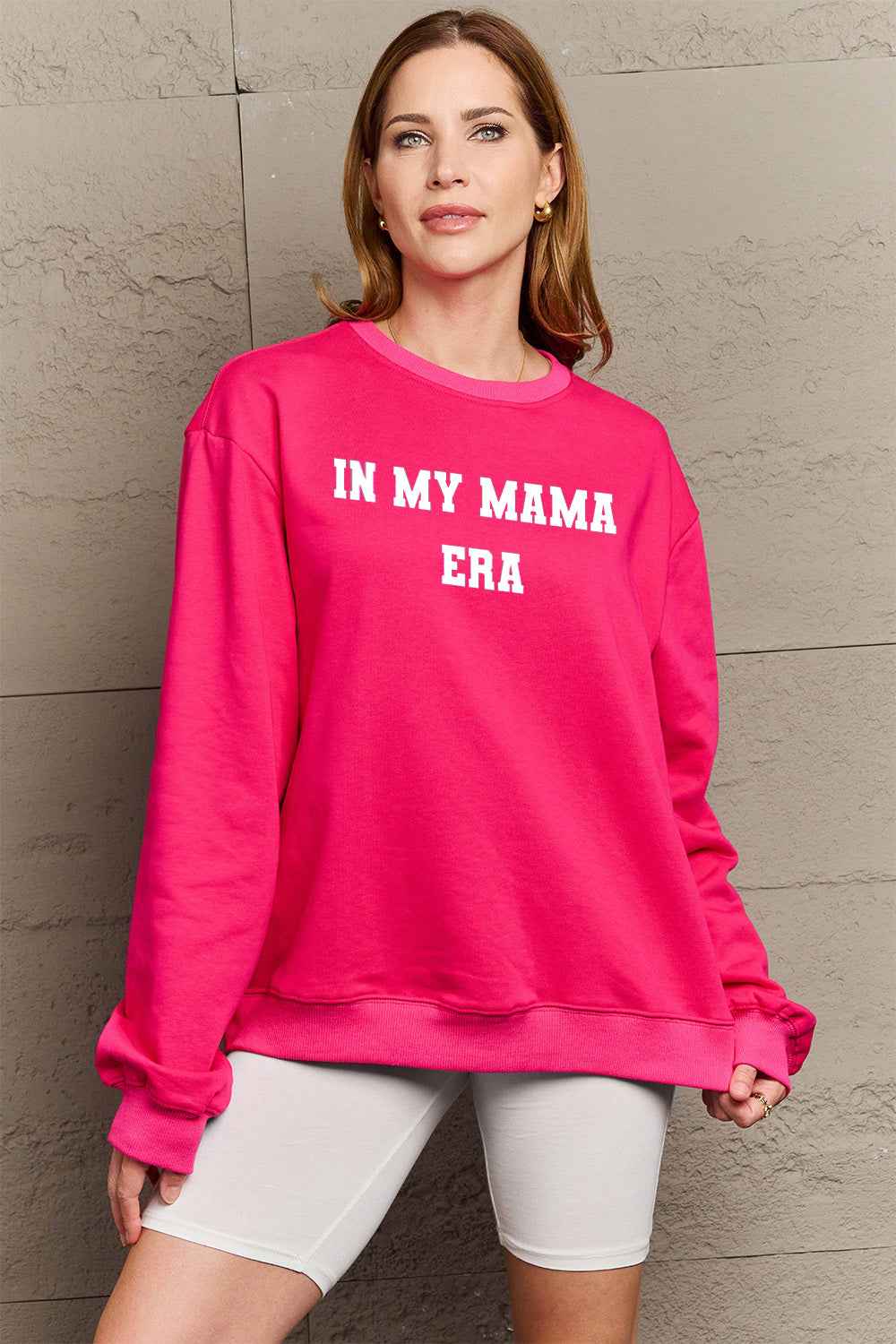 Simply Love Full Size IN MY MAMA EAR Graphic Sweatshirt Hot Pink 70d8356f1ed342dcb70546bec58259ac-Max