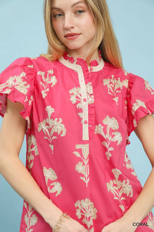 Floral Ruffle Sleeve Split-Neck Top 70dcfbb5-0499-4bfe-b4f1-0a2fc9bd21bd-Max-Origin