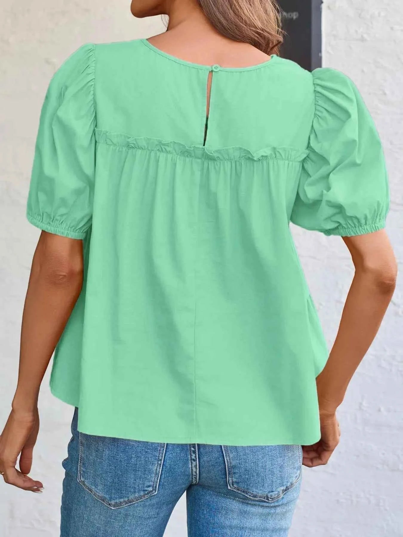 Tiered Round Neck Puff Sleeve Ruched Blouse 70e17e1d-44d6-4dac-8c3b-87e5a55c683d-Max-Origin