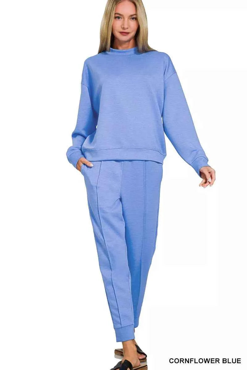 Zenana Scuba Mock Neck Sweatshirt and Joggers Set CORNFLOWER BLUE 70f3a4b2a3724bb7a3630d58c76c3967-Max-Origin