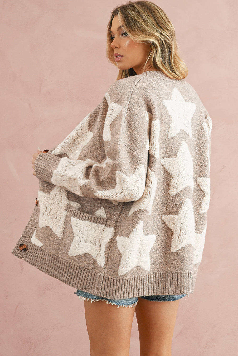 Khaki Star Pattern Pockets Button Front Cardigan 70f9a2728c8269f2