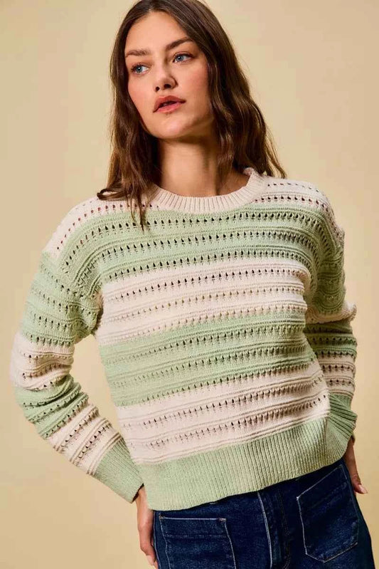 Openwork Round Neck Wide Stripe Textured Sweater 70ffd83a-5701-4ac5-a949-94ed8b04e8e1-Max-Origin