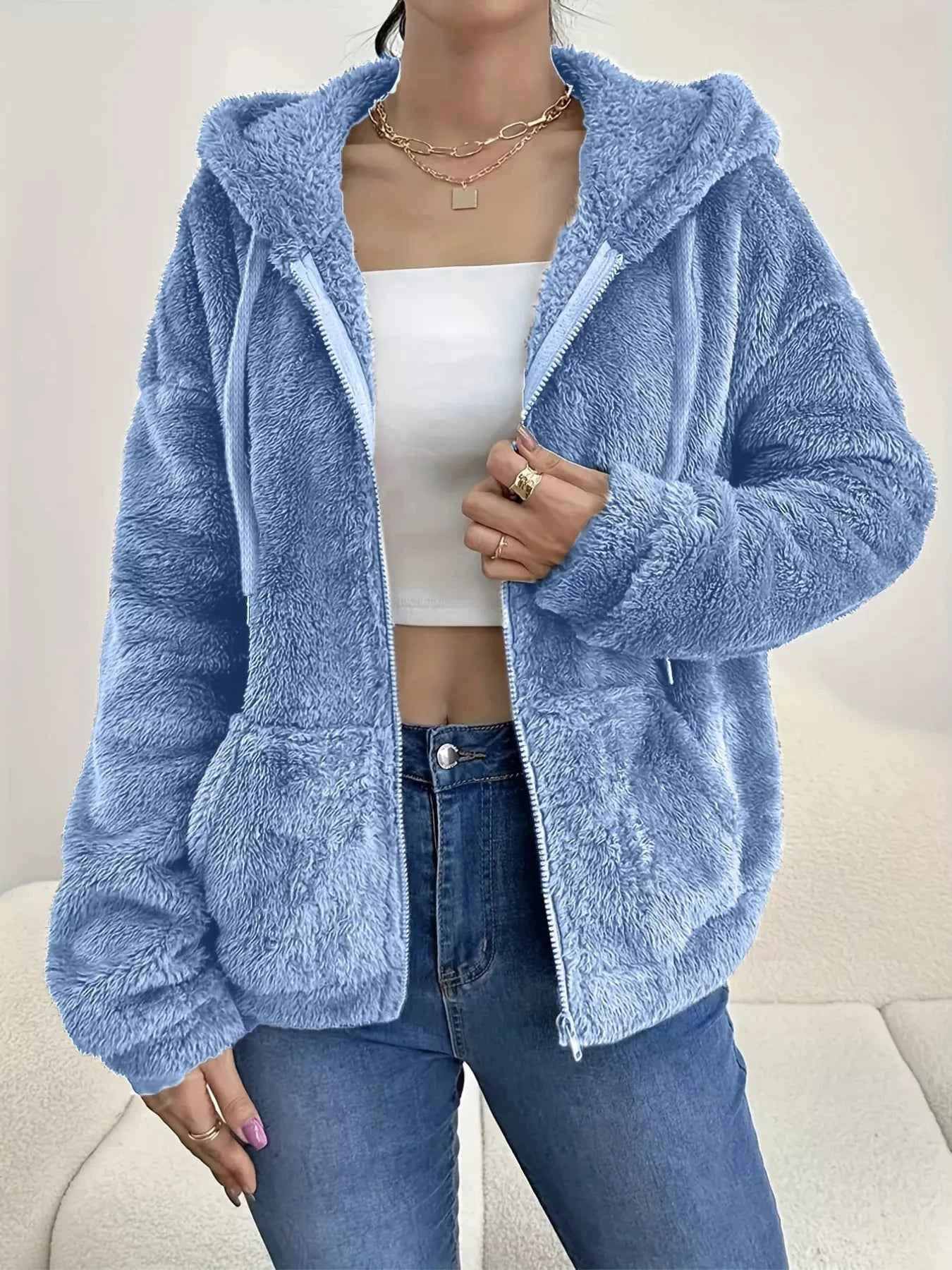 Drawstring Fleece Zip-Up Outerwear Sky Blue 710164f6-8e81-4051-92ab-94d0636e9781-Max-Origin