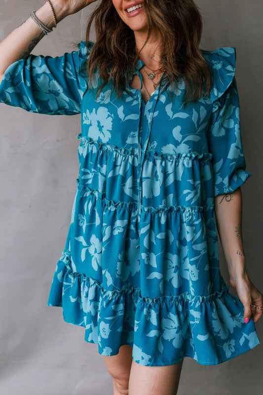 Flower 3/4 Sleeve Ruffle Tiered Dress 7107d819-0e64-4a84-b3de-ebc219309595
