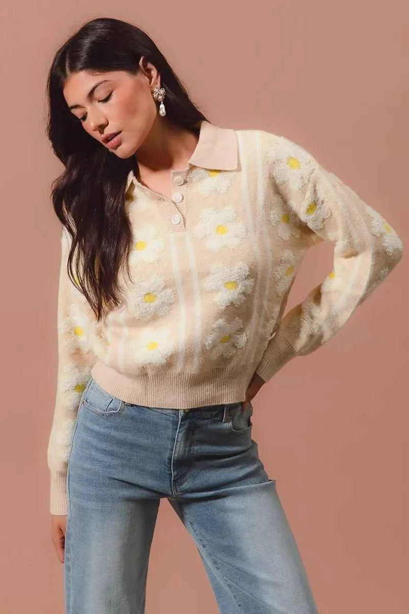 SO ME Floral Stripe Polo Collar Sweater 7108e48b-be24-4608-b1f3-93aa0ce4c73a-Max-Origin