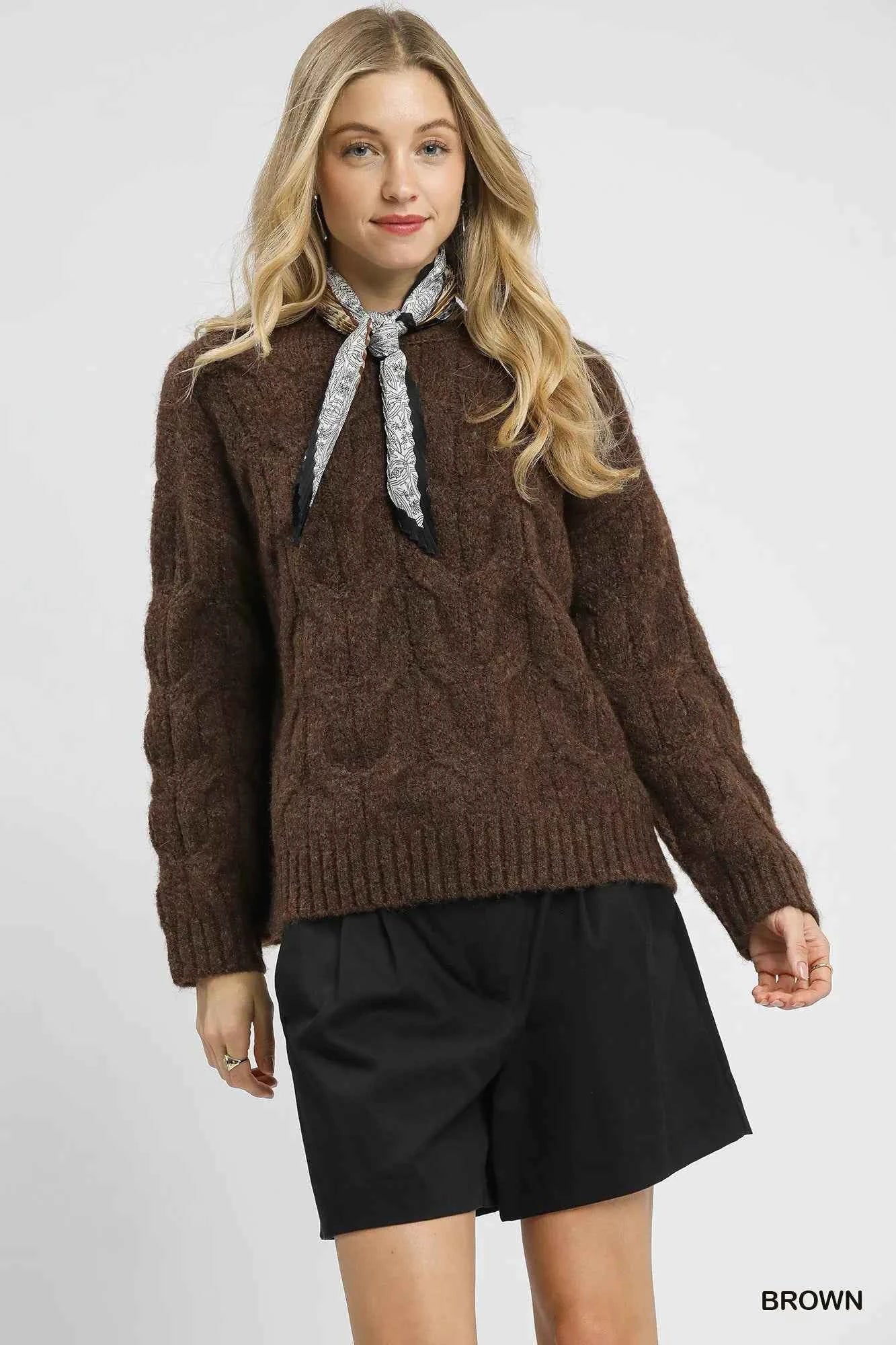 Umgee Cable Knit Cozy Sweater Brown 710b53ac-dd1d-4933-a57f-862569678fc7-Max-Origin