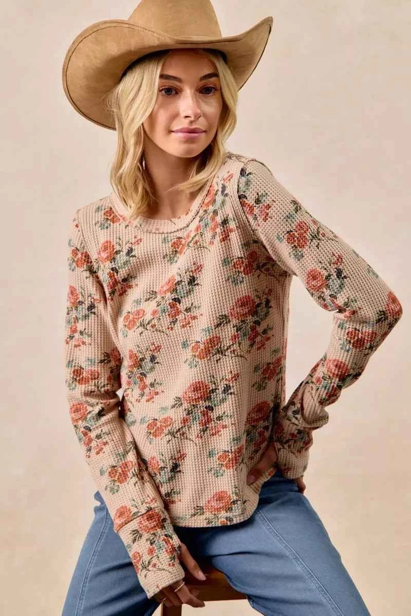 BiBi Floral Print Washed Waffle Thermal Top with Thumb 710b8cdd42a549d4a4c70d355ae0abea-Max-Origin
