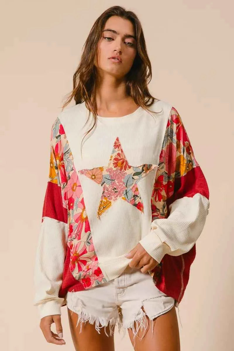 BiBi Floral Print Mixed Star Patch Round Neck Sweatshirt 7111d9a3e379476baf5deeaf214a4a33-Max-Origin
