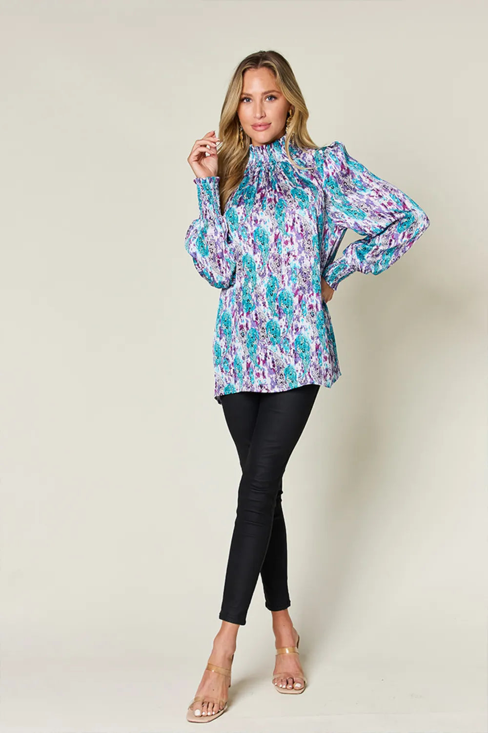 Double Take Full Size Printed Smocked Long Sleeve Blouse 711203a6-5e16-4ddb-8bbf-6dd9702d7239-Max