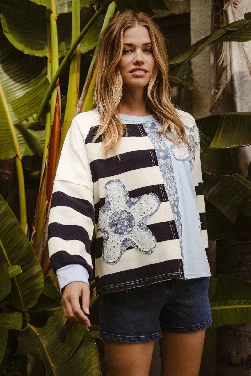 BiBi Patchwork Striped Round Neck Sweatshirt 7119fd75258b47dc8311393ae9aca92c-Max-Origin