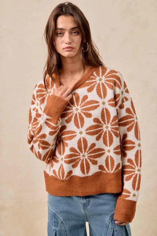 Flower Pattern Long Sleeve Sweater 7125f66fa000441f8fb6381dac497233-Max-Origin
