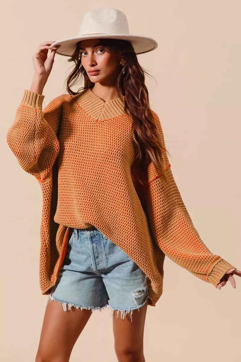 SO ME Oversized Two Tone Textured V Neck Sweater 712a8572960b4830b09801b887871506-Max-Origin