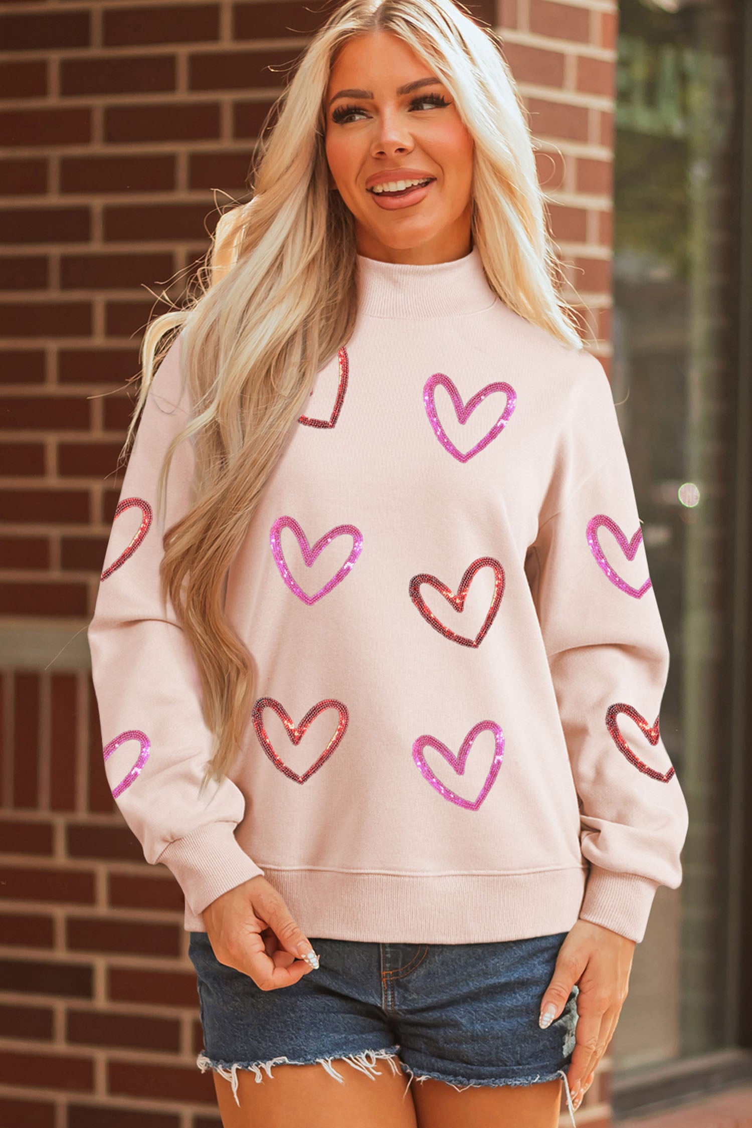 Apricot Pink Sequin Heart Sketch Patched Mock Neck Sweatshirt 712e031224c280a3