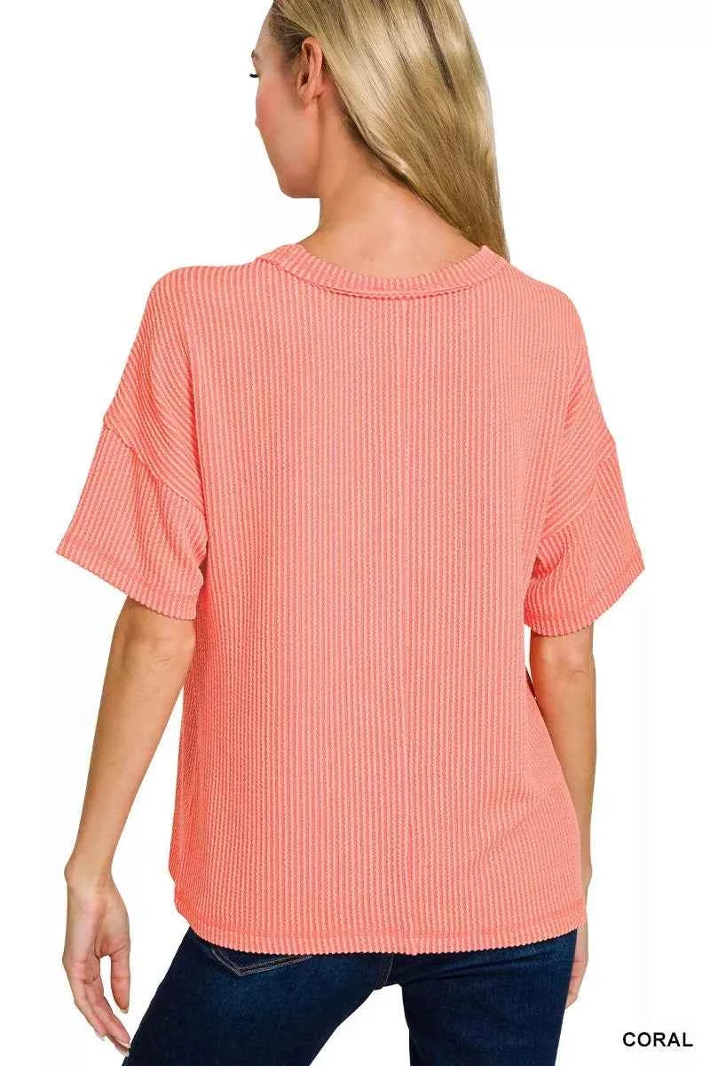 Zenana Raised Rib Exposed Seam Short Sleeve Top 7130490b13fe456fa4e8bdc560a5e0d4-Max-Origin