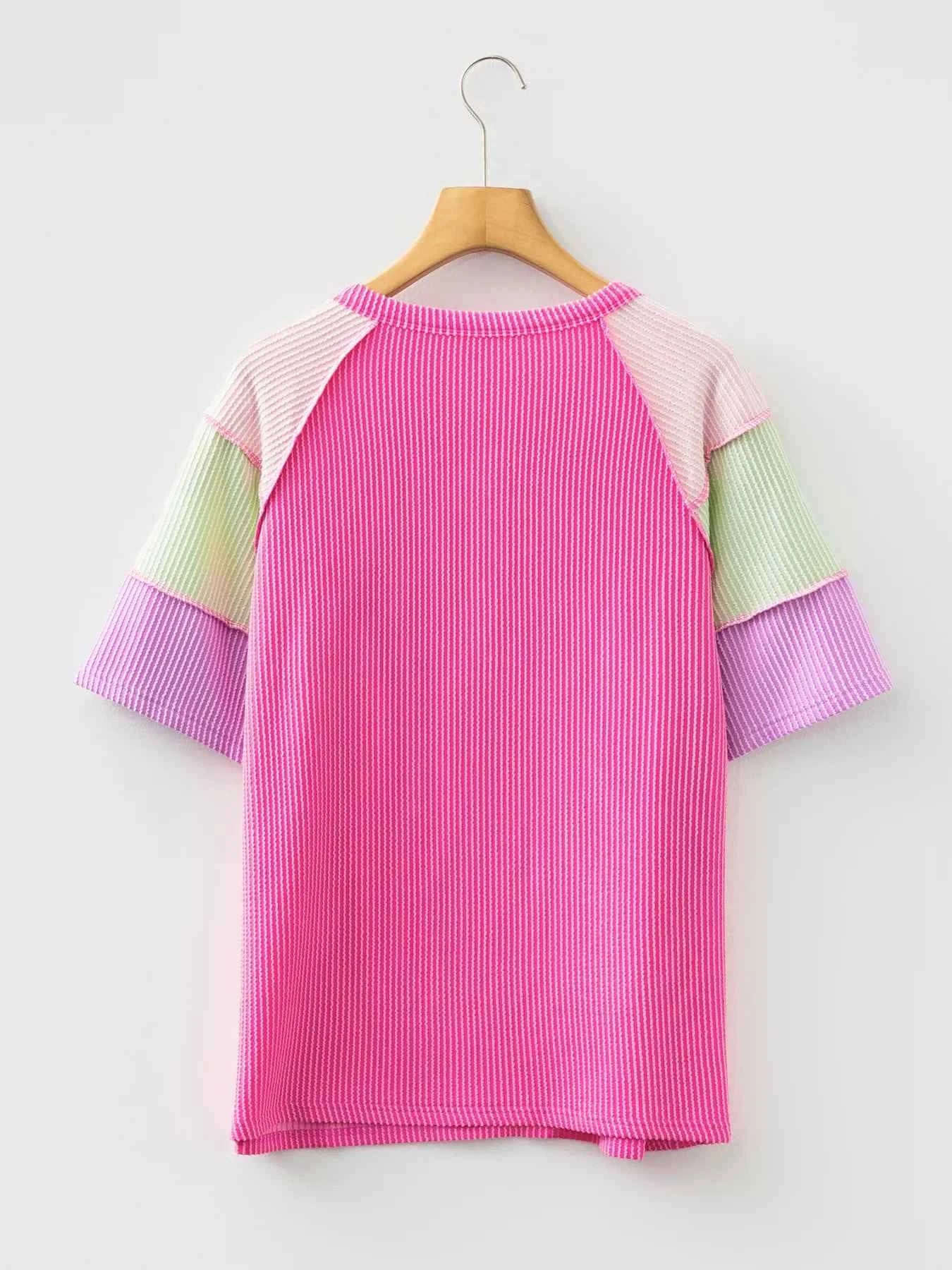 Twisted Ribbed Color Block Patchwork Henley Short Sleeve T Shirt 7135c13380874eb7bef8cee504aa1f9d-Max-Origin