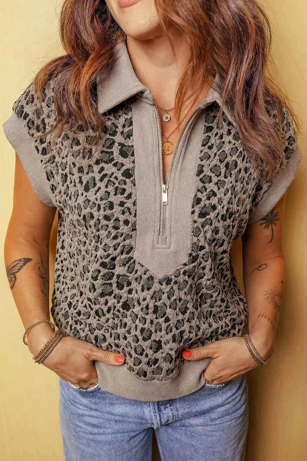 Zip Up Collared Leopard Cap Sleeve Top 7138241a-f6b5-4752-8242-1c56f9e49cd2-Max-Origin
