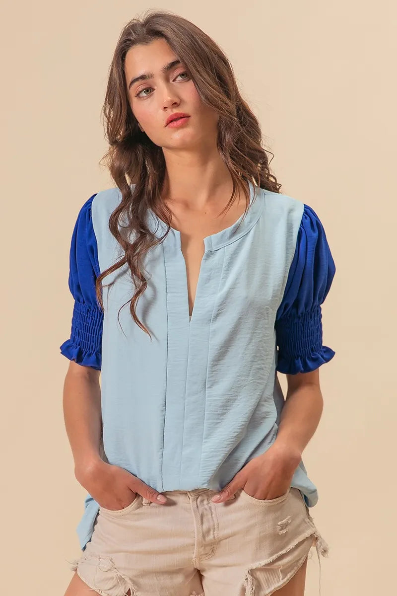 BiBi Air Flow Color Block Puff Sleeves V Neck Top 7138dd40b50549c38dff1bf436a37caf-Max-Origin