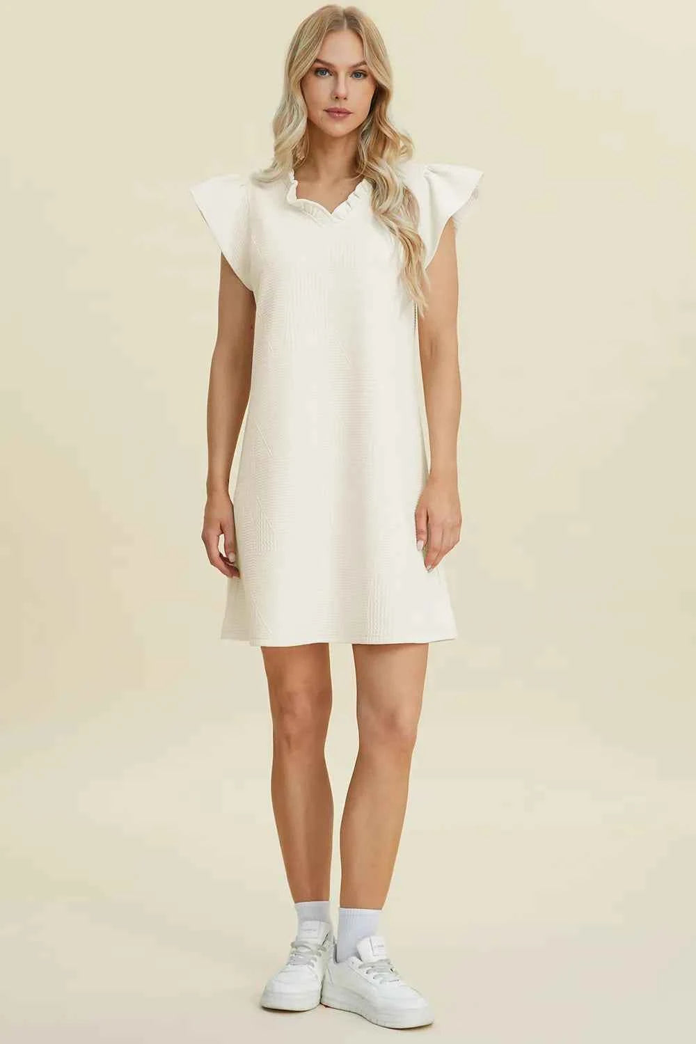Double Take Full Size Ruffled V-Neck Cap Sleeve Dress 71397f14-170b-412d-8d78-8dbffa90c476-Max