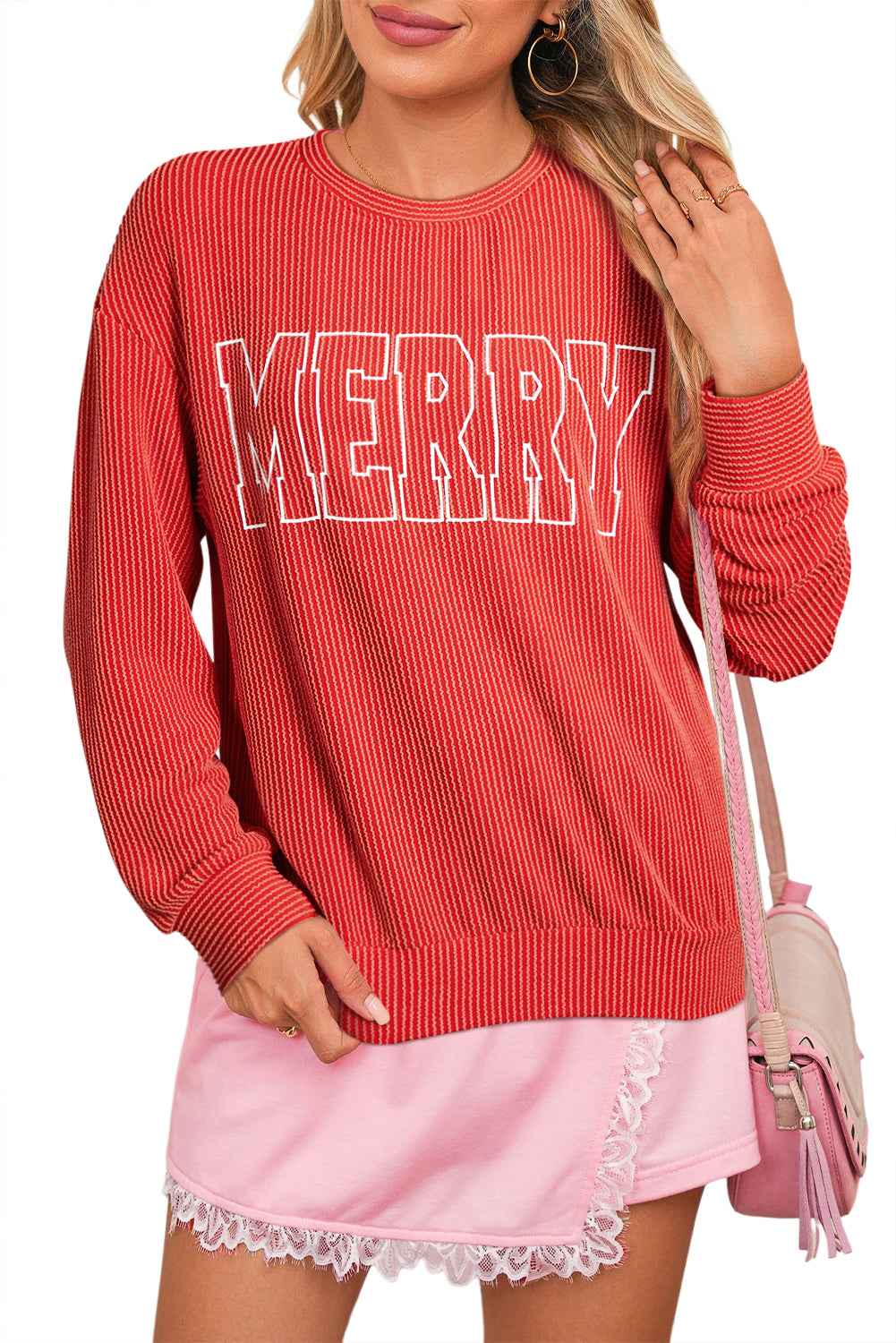Evergreen Twisted Rib Merry Letter Graphic Loose Long Sleeve Top 7139b51157f31821