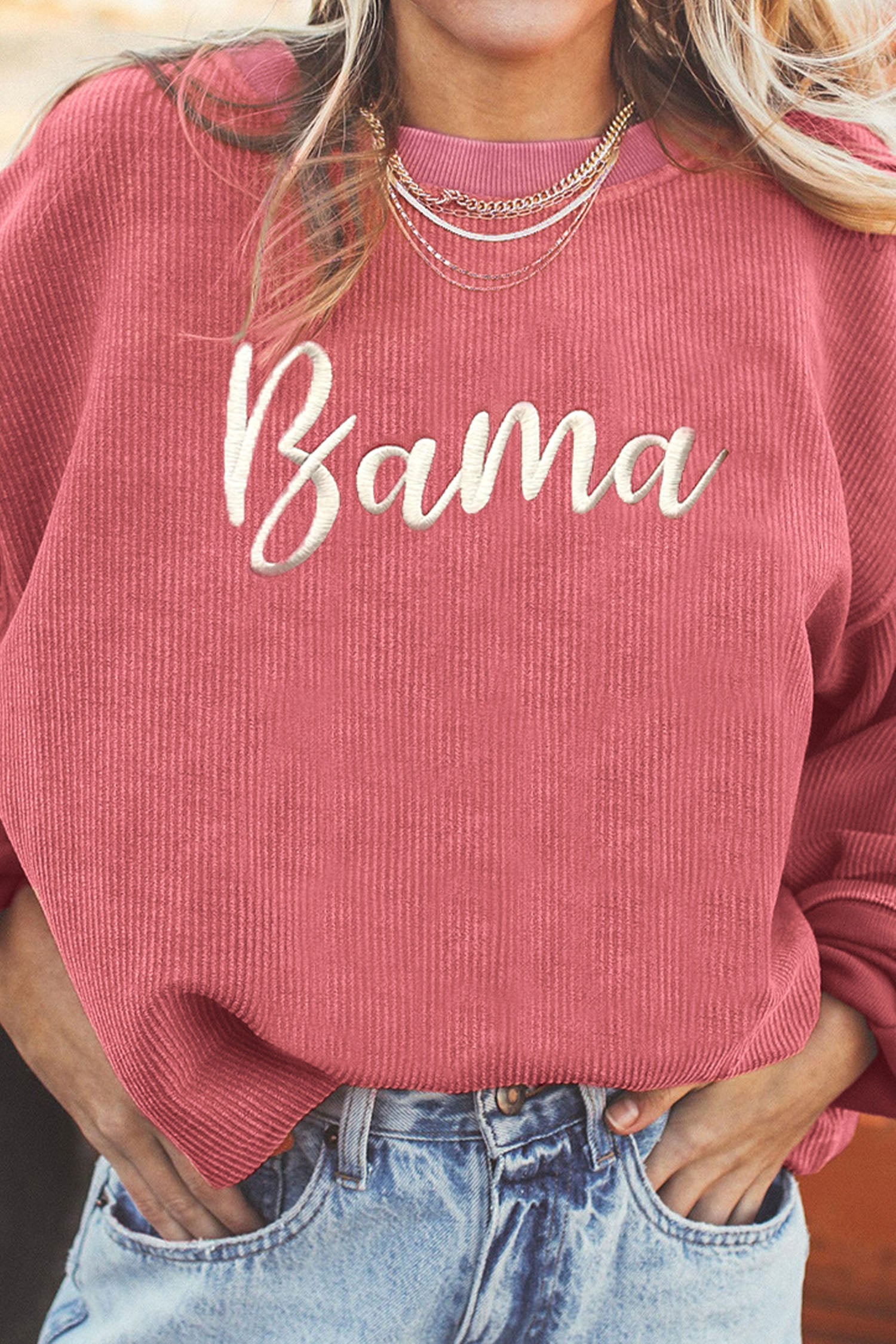 Strawberry Pink Corded Ribbed Bama Embroidered Letter Graphic Sweatshirt 7141b24737b41ad9