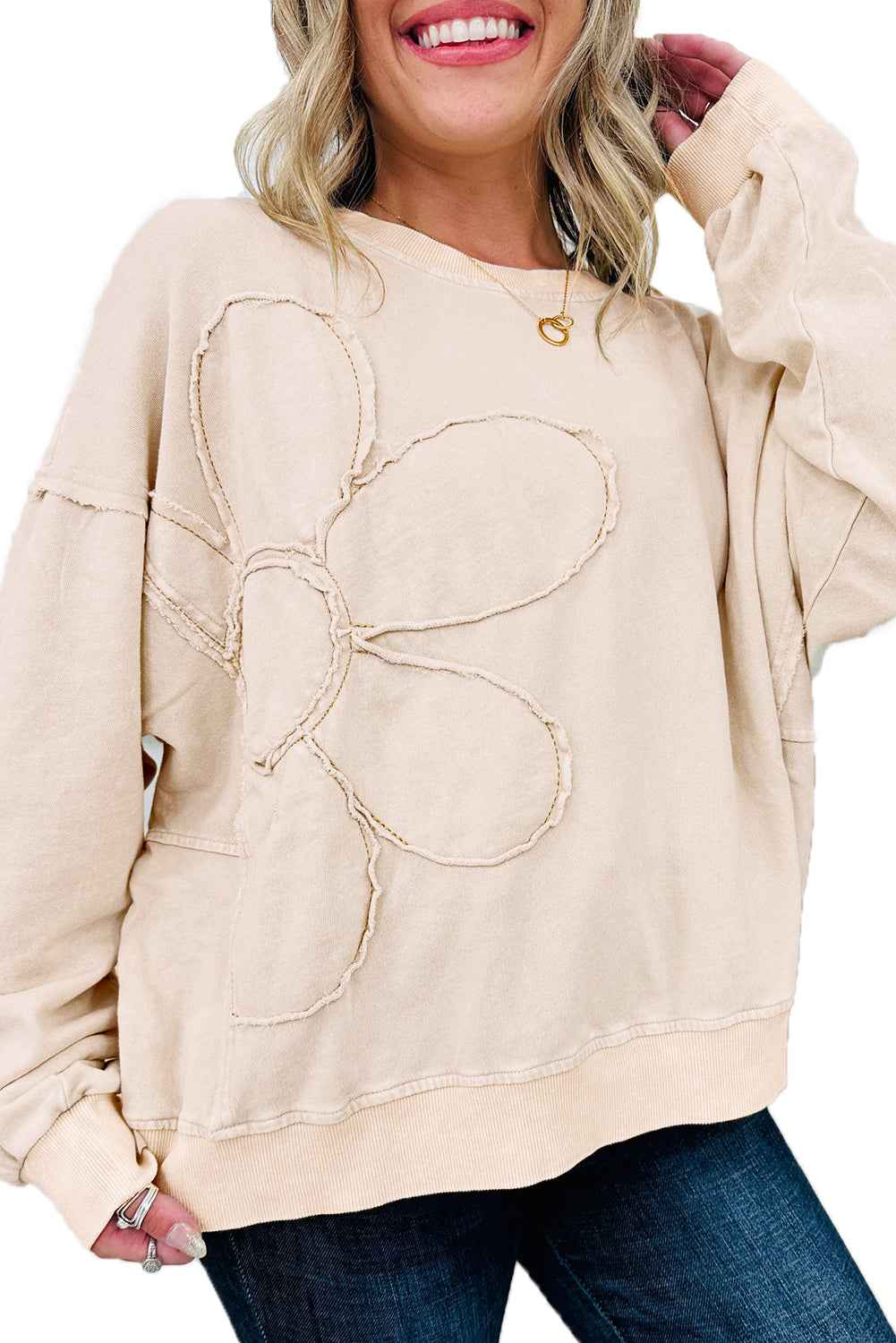 Beige Flower Pattern Round Neck Long Sleeve Plus Size Top 71437395f5ba1117
