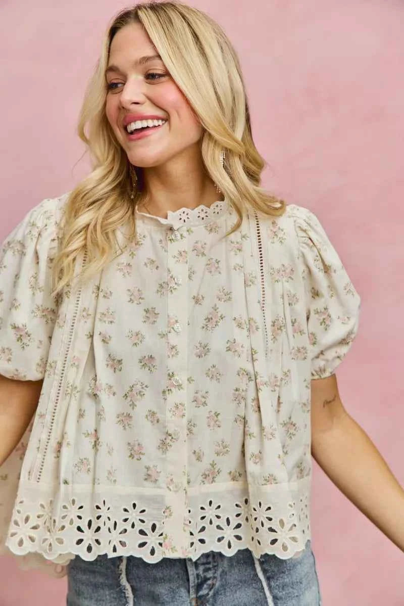 SO ME Floral Print Lace Trim Short Sleeves Blouse 71437678b4284903ad14d221d1f89987-Max-Origin