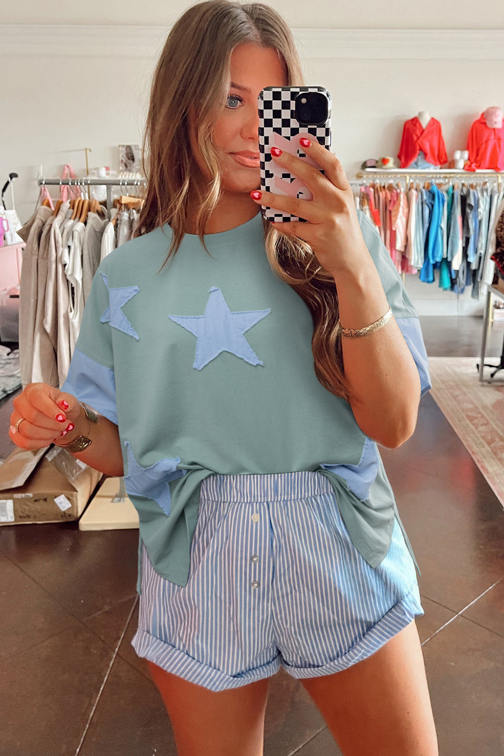Myosotis Frayed Star Patched 4th of July Oversize T Shirt 7147b2ce9a96f28f