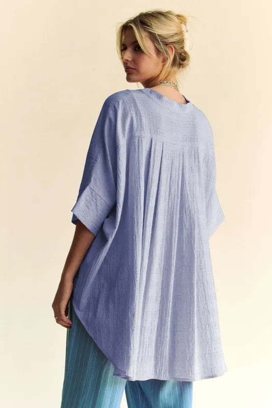Rhinestone Pleat Back Short Sleeve Loose Fit Shirt 714b2dc4eb604ebab6a4abe86e78a20b-Max-Origin