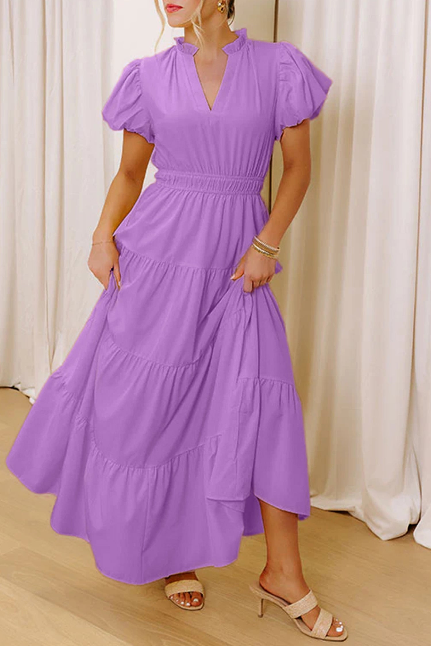 Bright Green Solid Color V Neck Short Puff Sleeve High Waist Tiered Maxi Dress Lavendula 100%Polyester 714c7bd88813fe8d