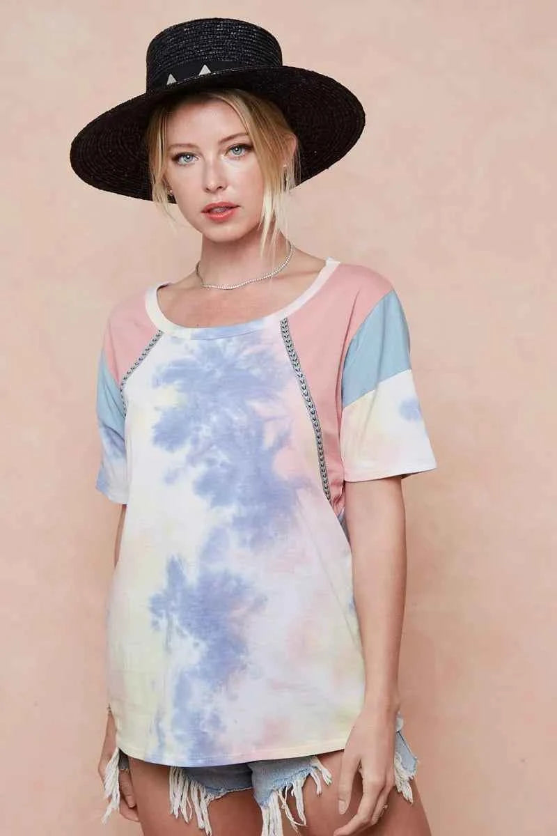 BiBi Tie Dye Printed Cotton Color Block T-Shirt 7157de533b5244b7bb1b11ff39dd7ecd-Max-Origin