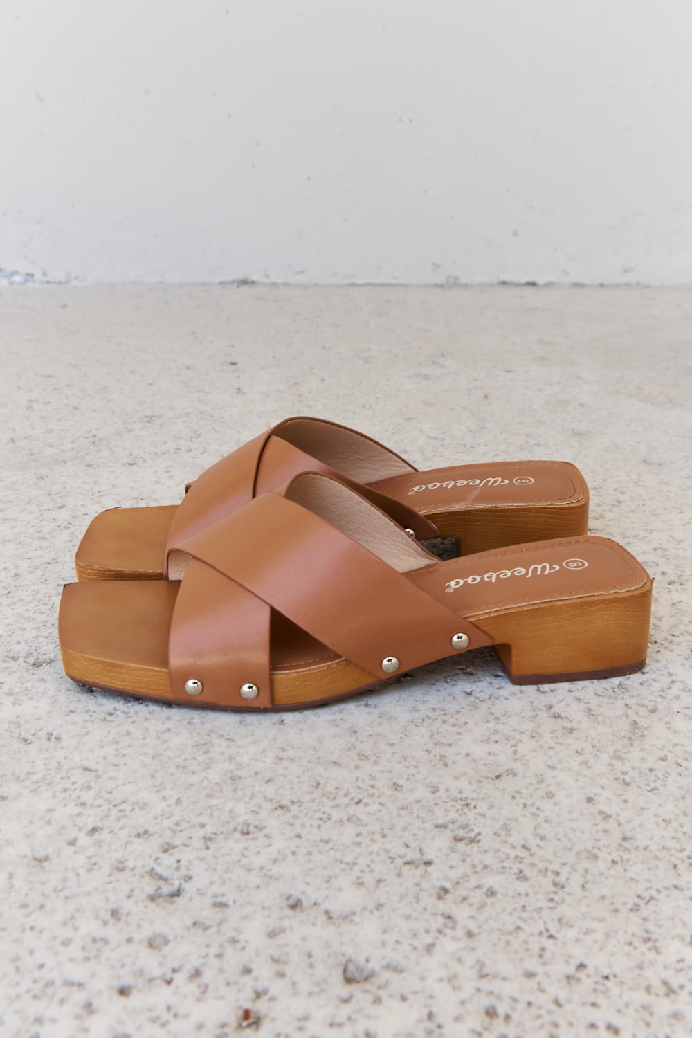 Weeboo Step Into Summer Criss Cross Wooden Clog Mule in Brown 7159d780b3f54fa38e68a099f4fe1604-Max