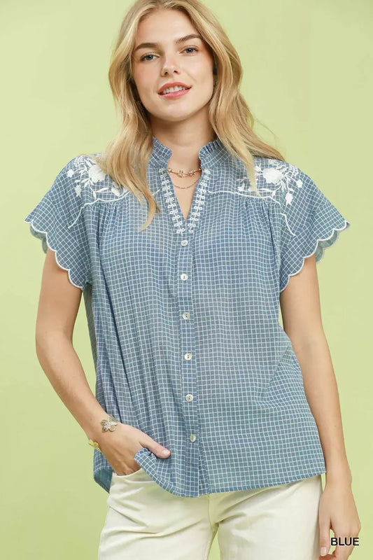 Embroidered Print Scallop Sleeve Button Front Blouse BLUE 715f1d87-b6c1-4372-858c-b1a01fe3c7d3-Max-Origin