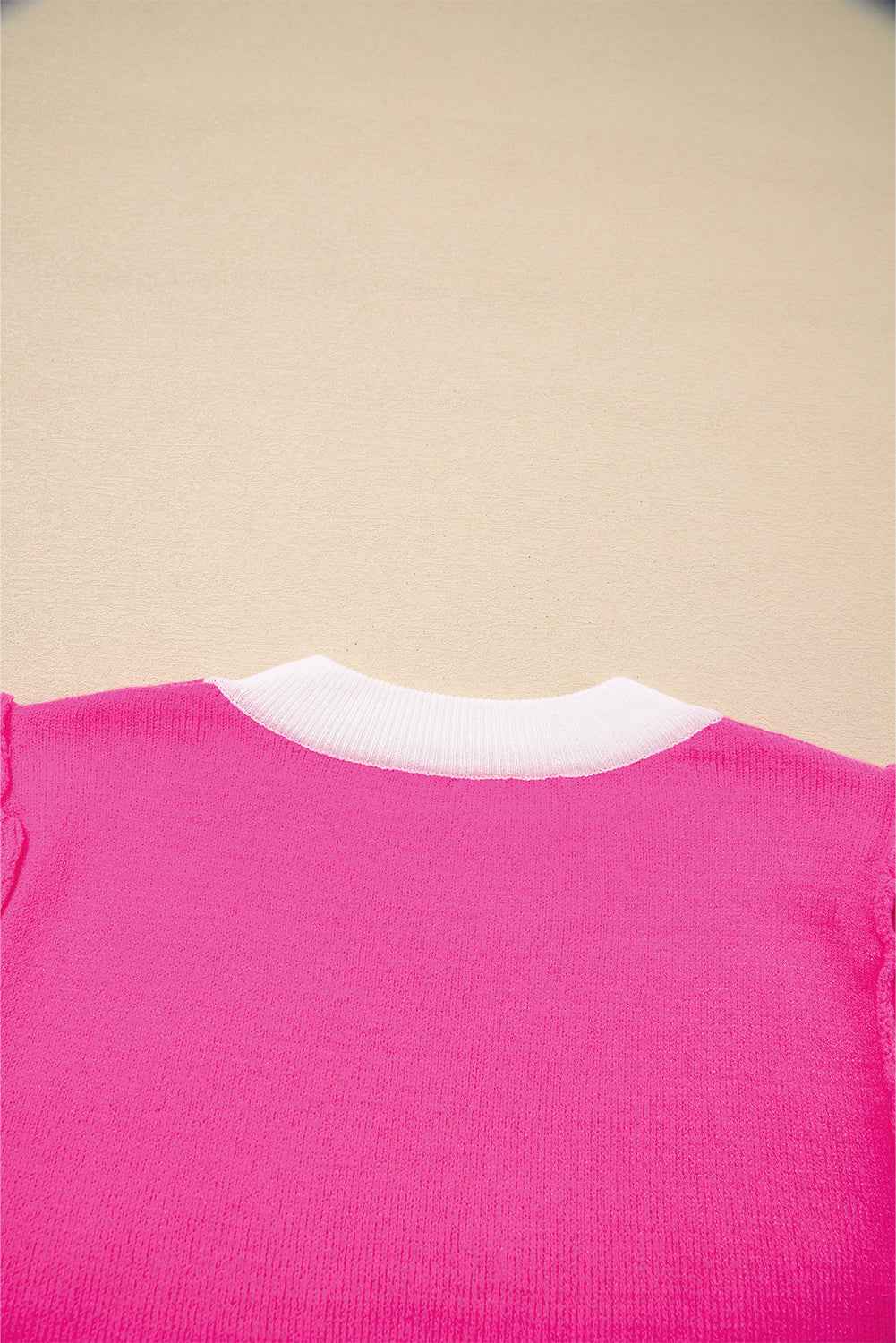 Bright Pink XOXO Embroidered Graphic Valentines Contrast Trim Crew Neck Short Puff Sleeve Sweater Tee 71629430747ea72d
