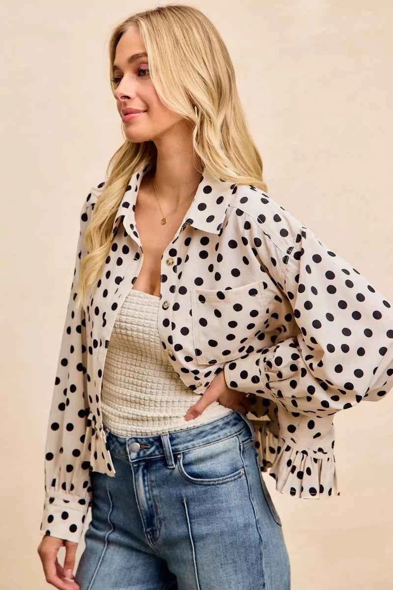BiBi Crinkle Polka Dot Ruffled Hem Button Up Shirt Top 716e8e3872294699a20d766c2d4aa4df-Max-Origin