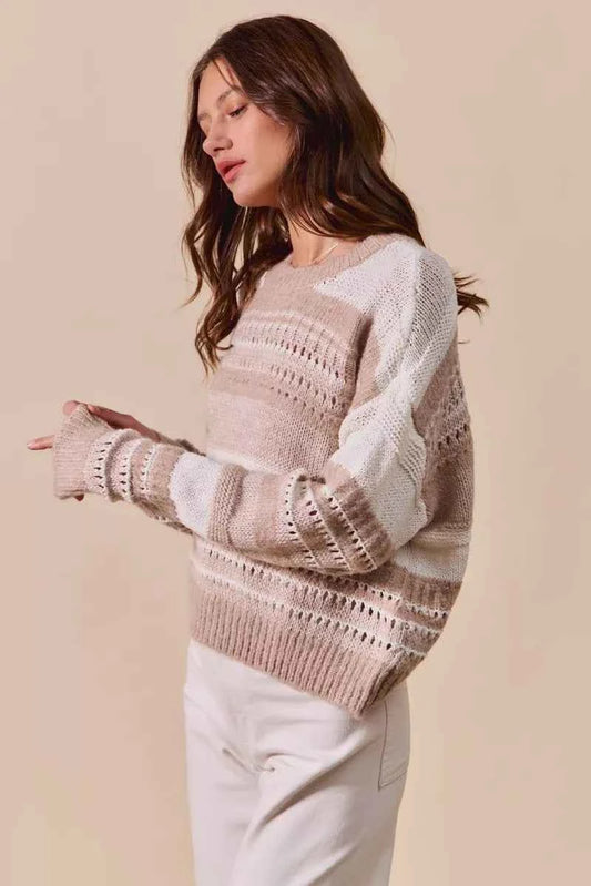 Variegated Stripe Textured Loose Fit Sweater 716f142779bc4d66bb9b74b0b844b95f-Max-Origin