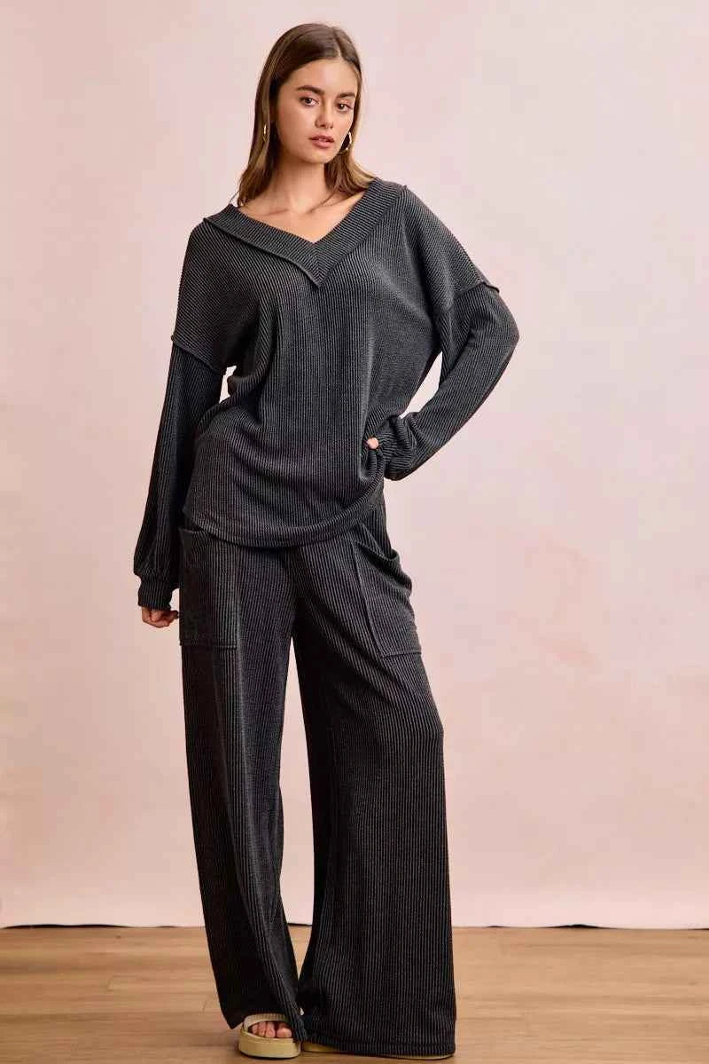 BiBi Two Tone Cord Rib Contrast Stitching V-Neck Top and Pants Set 7174c533e38d43dcb16528d0b6a2af93-Max-Origin
